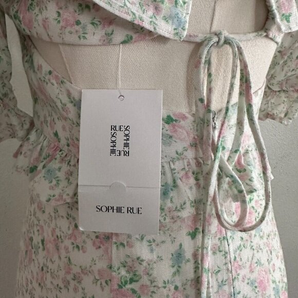 Sophie Rue by Anthropologie Puff Sleeves Back Cut Out Linen Dress S Cottagecore - Picture 11 of 11